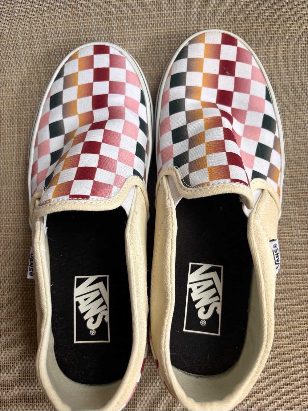 Vans Slip-On Checkerboard Sneakers in Pink, Burgundy & Cream